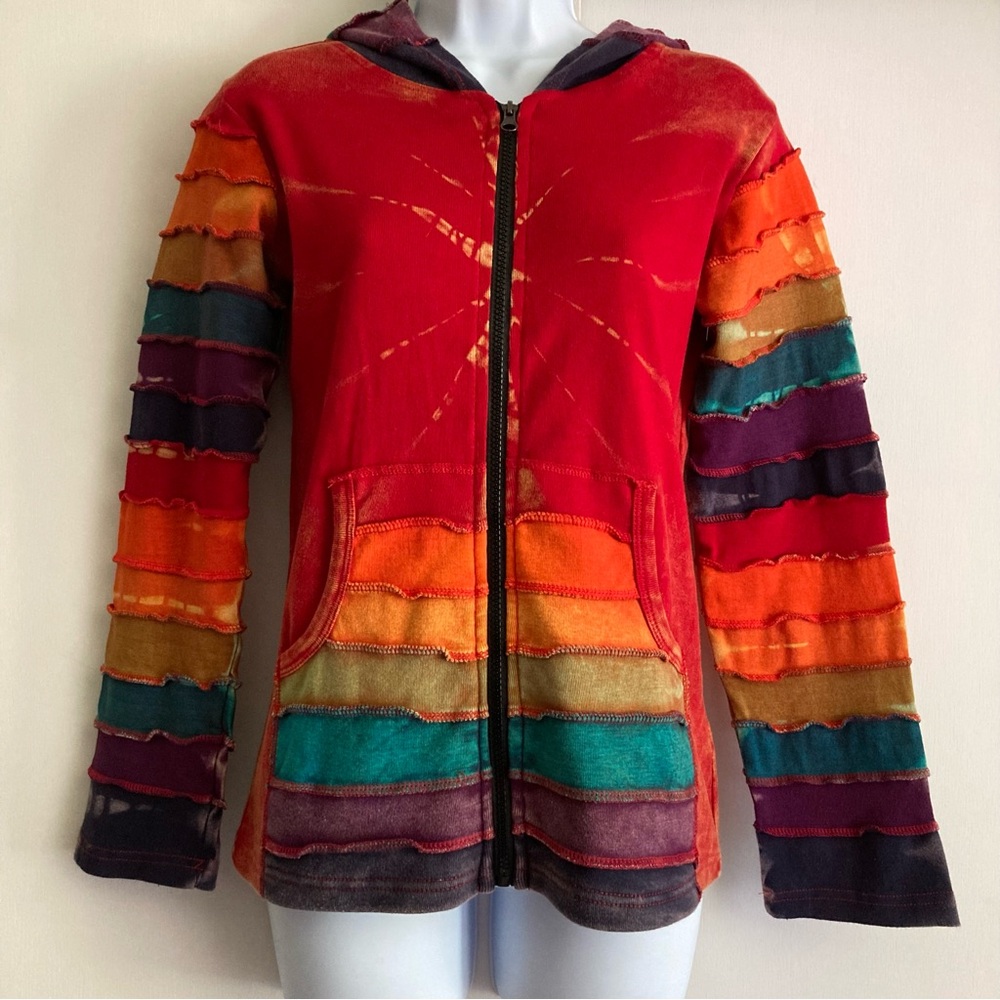 Windhorse Colorful Rainbow Striped Hooded Jacket Made in Nepal, Sz S